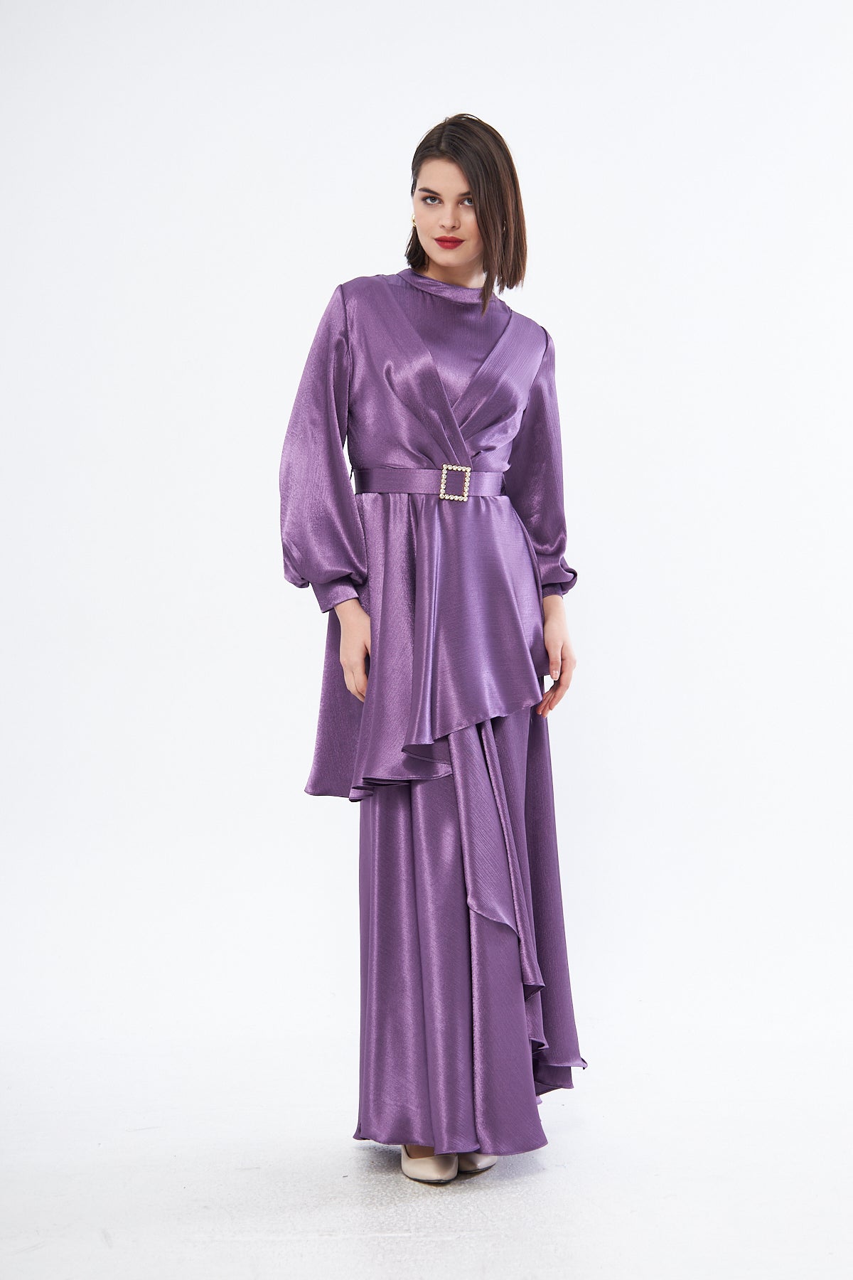 Laila Satin High Neck Balloon Sleeves Maxi Dress