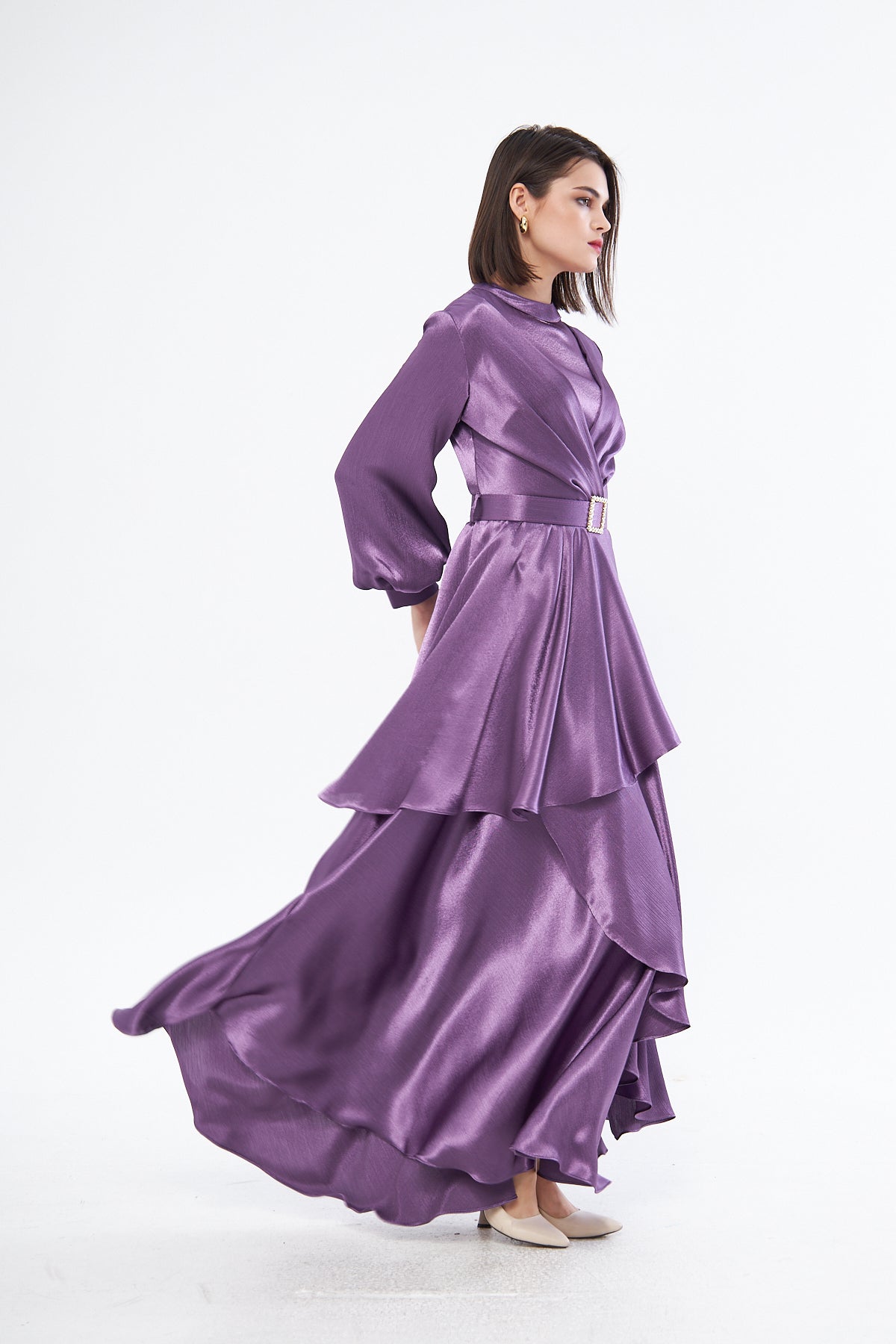 Laila Satin High Neck Balloon Sleeves Maxi Dress