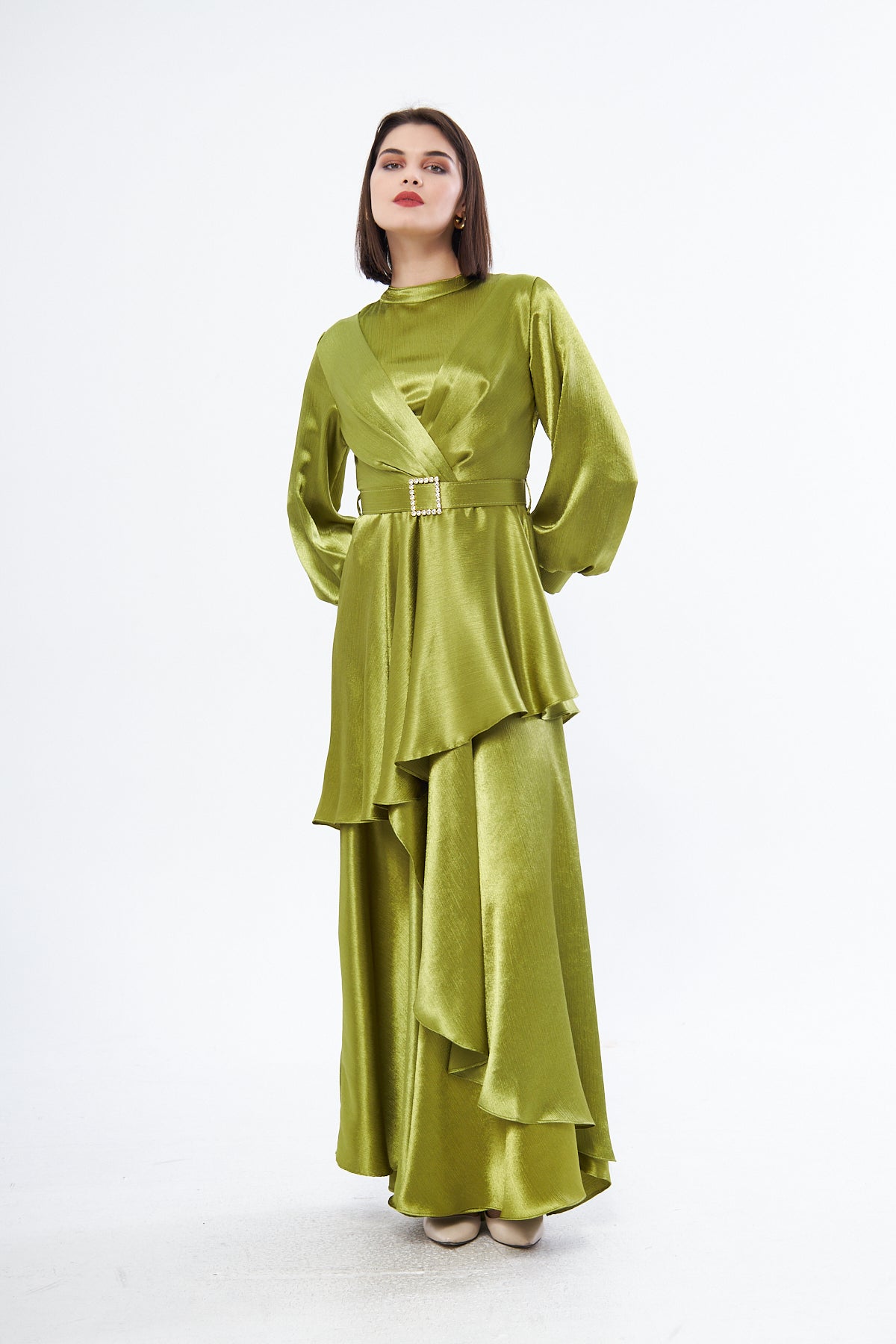 Laila Satin High Neck Balloon Sleeves Maxi Dress