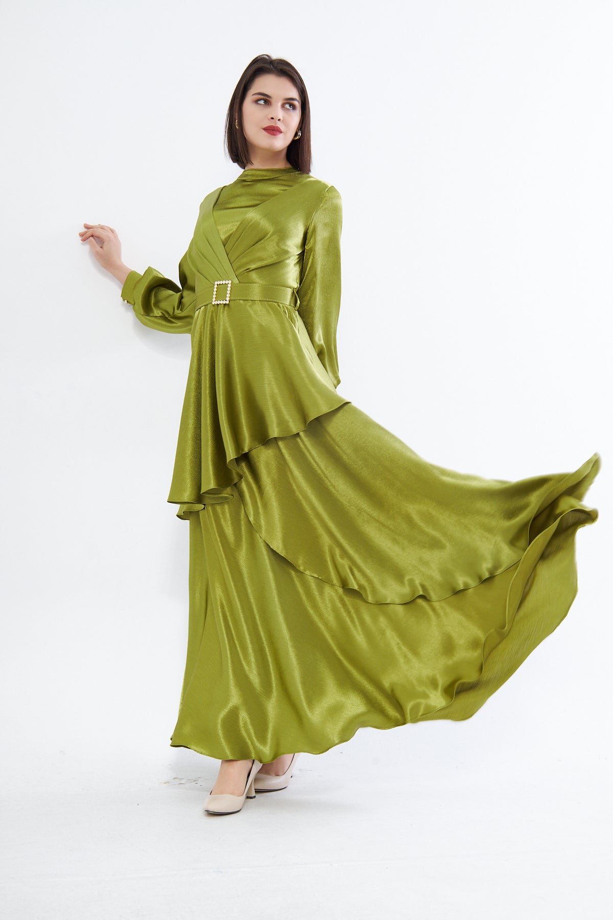 Laila Satin High Neck Balloon Sleeves Maxi Dress