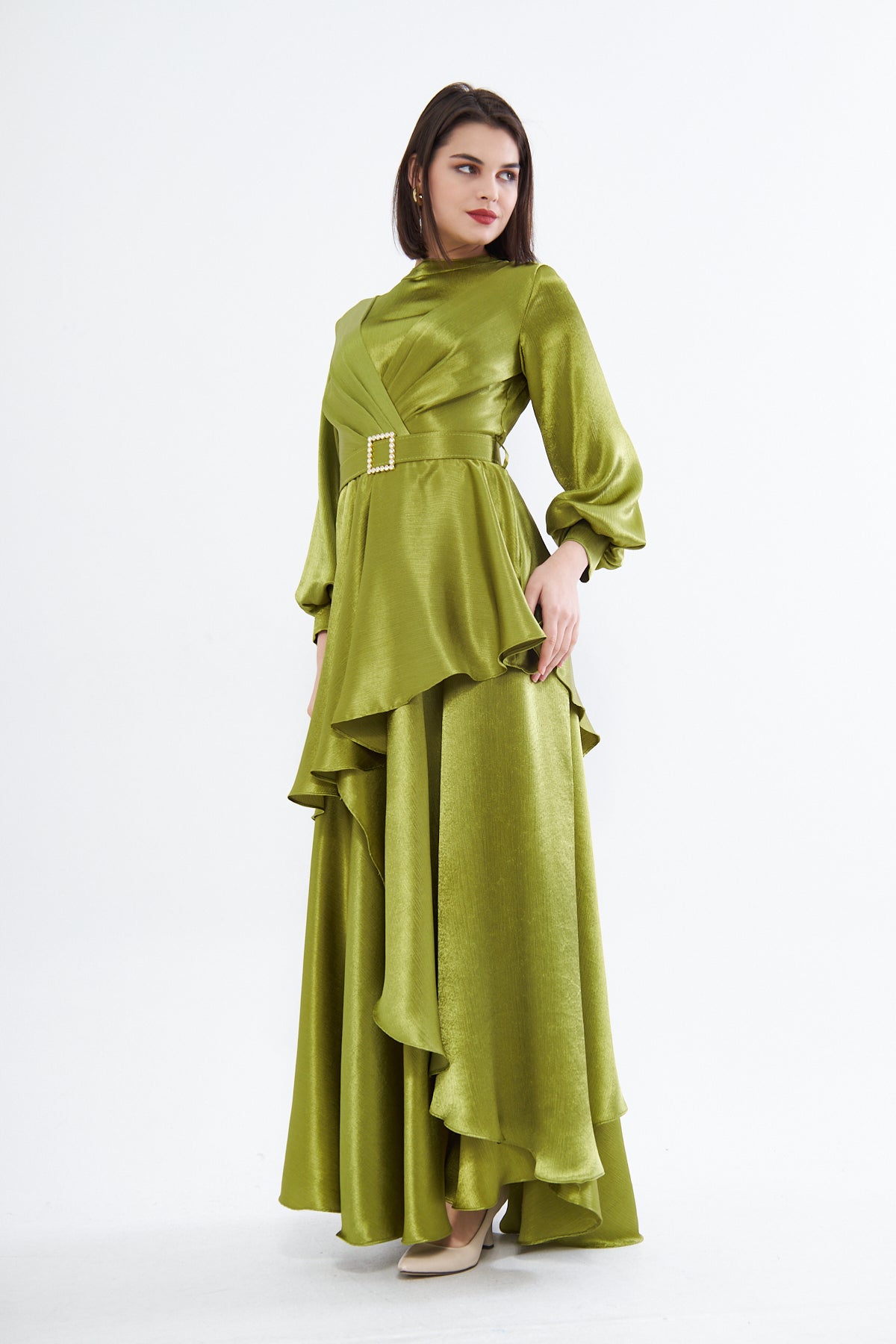 Laila Satin High Neck Balloon Sleeves Maxi Dress